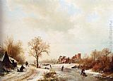 Winterlandschap A Winter Landscape With Skaters On A Frozen Waterway And Peasants By A Farm In The Foreground by Barend Cornelis Koekkoek